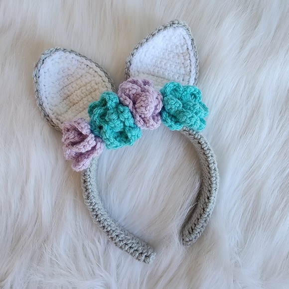 Women and girls bunny ear flower headband hand crafted crochet hair accessory - Picture 3 of 3